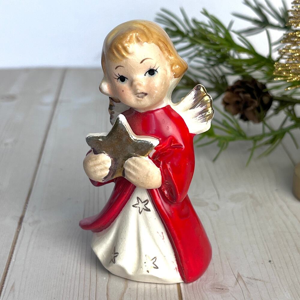 Vintage 1950-60s Porcelain Christmas Angel Red Dress Gold Star 3.5" Japan Retro